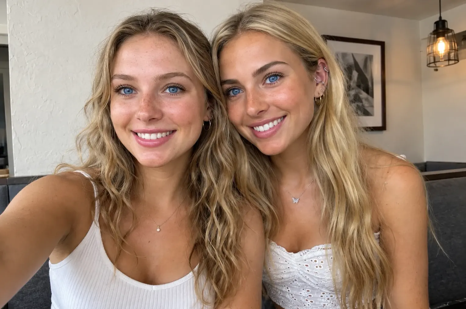 Deux amies souriantes, tête contre tête, qui se prennent en photo ensemble dans un café