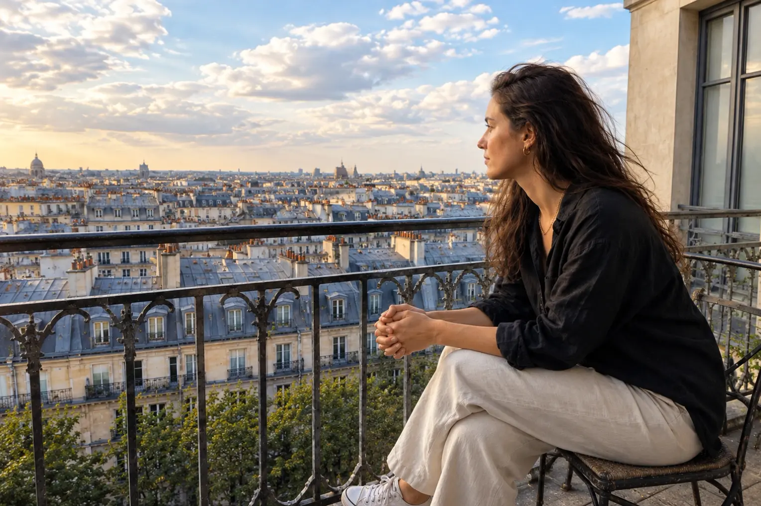 Une femme pensive, assise sur un balcon, qui regarde les toits de Paris au coucher du soleil