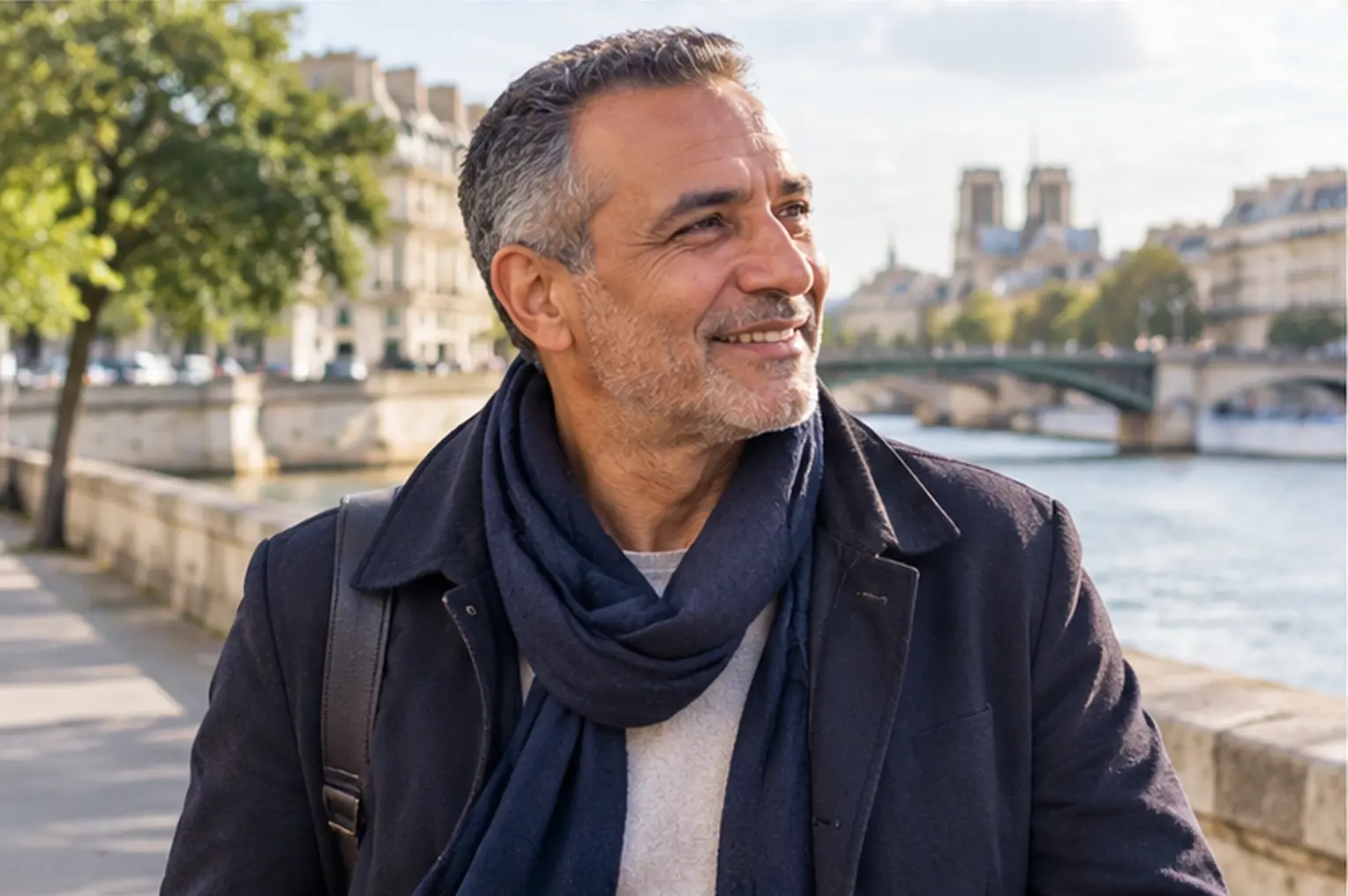 Un homme souriant, une écharpe bleue autour du cou, au bord de la Seine avec Notre-Dame en arrière-plan