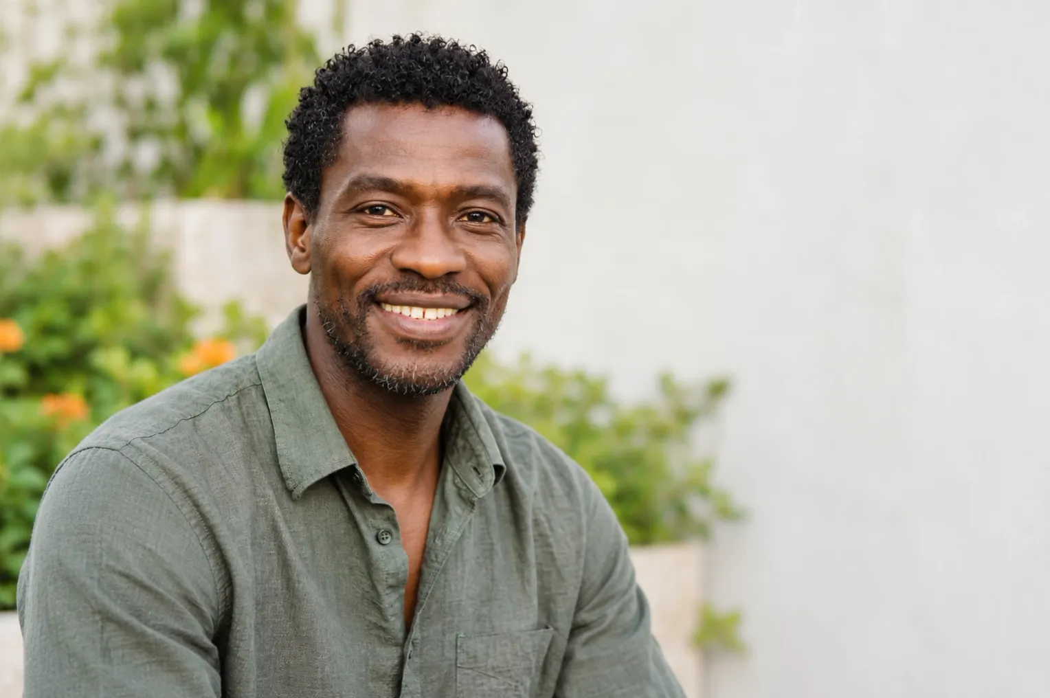 Un homme souriant, en chemise verte, devant un jardin fleuri