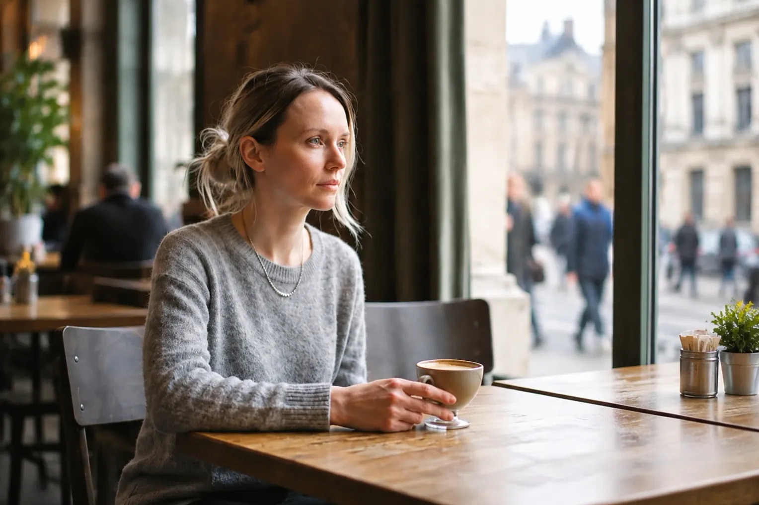 Une femme pensive, assise à la table d’un café près d’une grande fenêtre, une tasse à la main