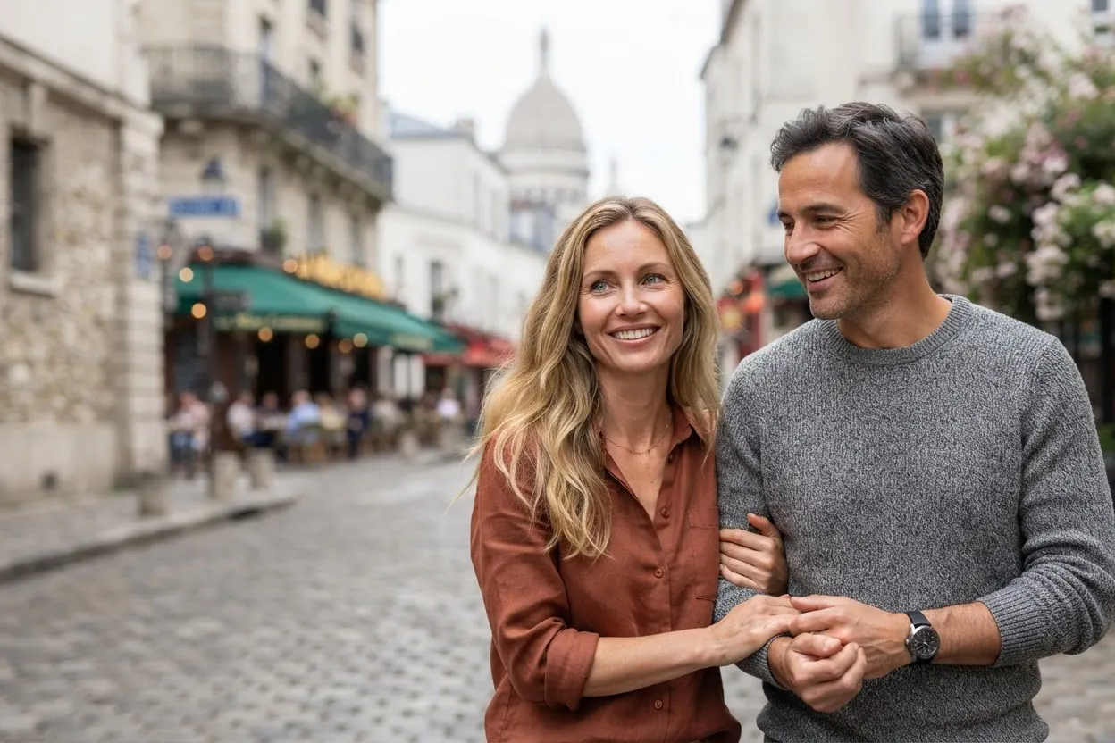 Un homme et une femme souriants, bras dans le bras, dans une rue pavée de Montmartre avec le Sacré-Cœur en arrière-plan